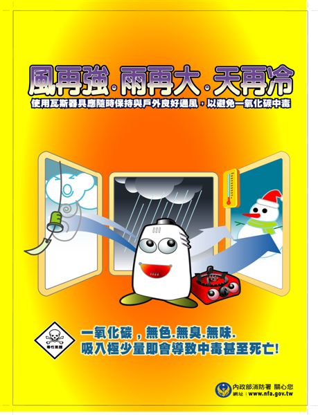 風再強．雨再大．天再冷使用瓦斯器具應隨時保持與戶外良好通風，以避免一氣化碳中毒。一氧化碳，無色無臭無味，吸入極少量即會導致中毒甚至死亡！