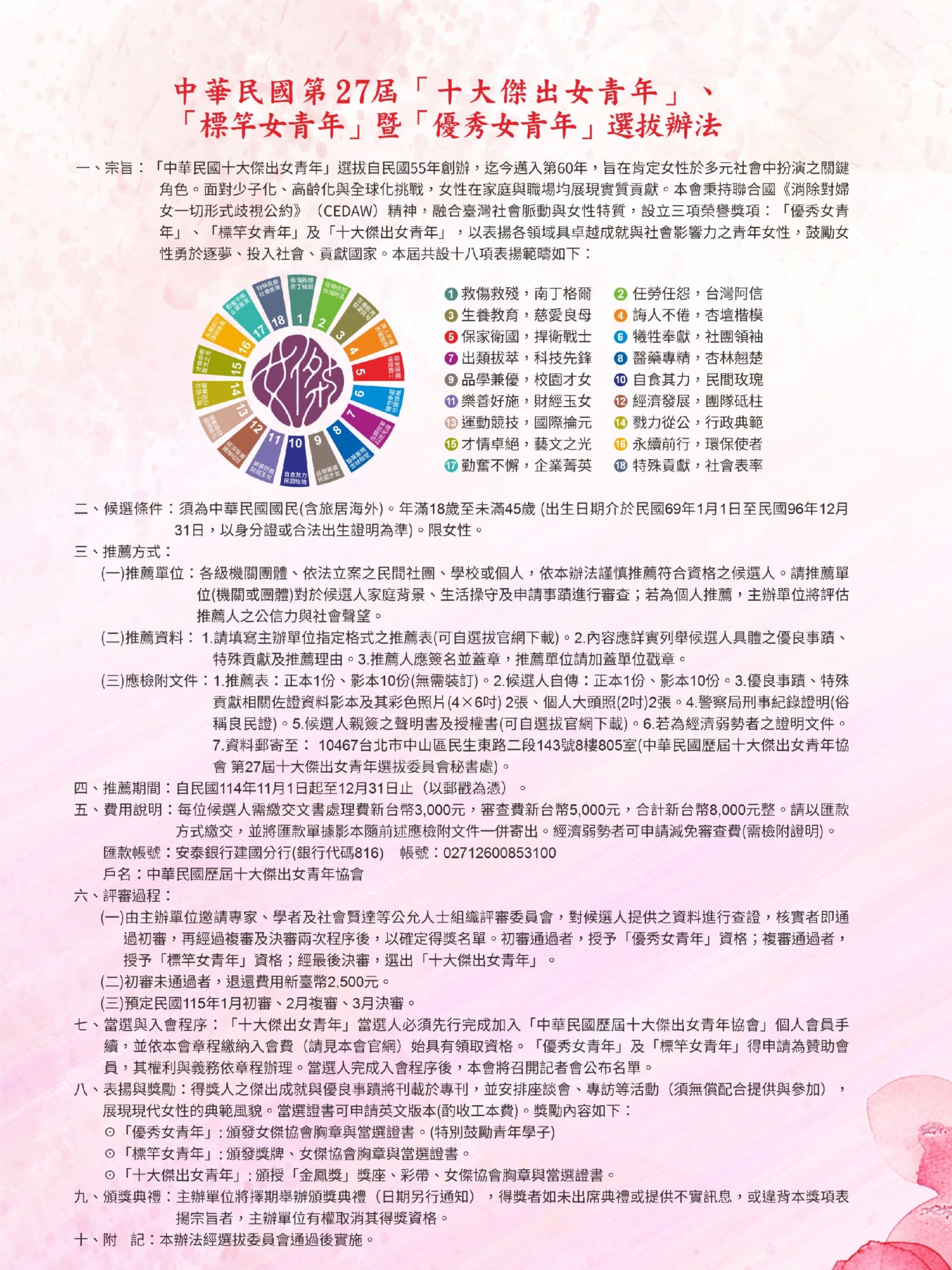 中華民國歷屆十大傑出女青年協會舉辦第27屆「十大傑出女青年」、 「標竿女青年」暨「優秀女青年」選拔辦法