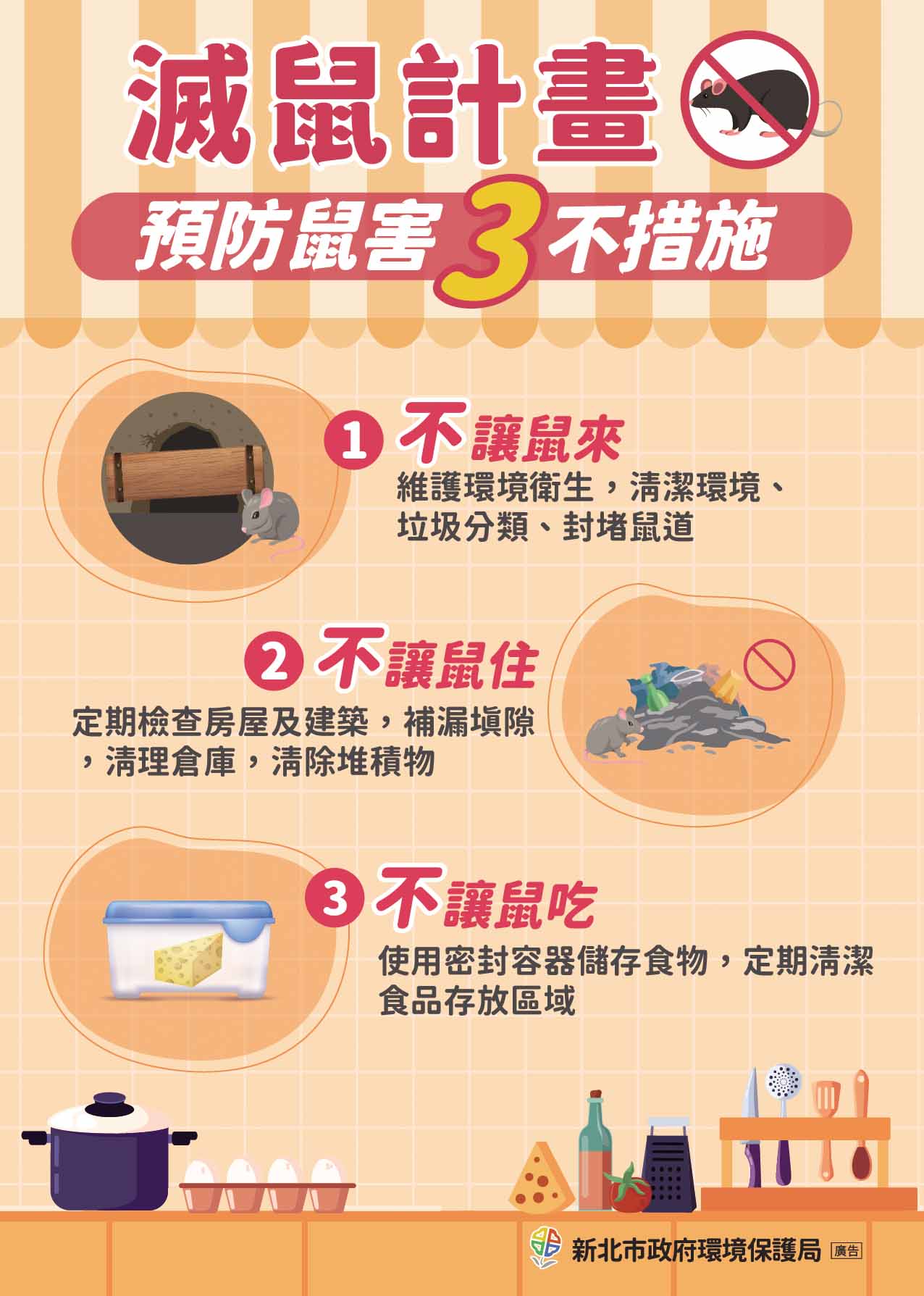 滅鼠計畫，預防鼠害3不措施-不讓鼠來、不讓鼠住、不讓鼠吃